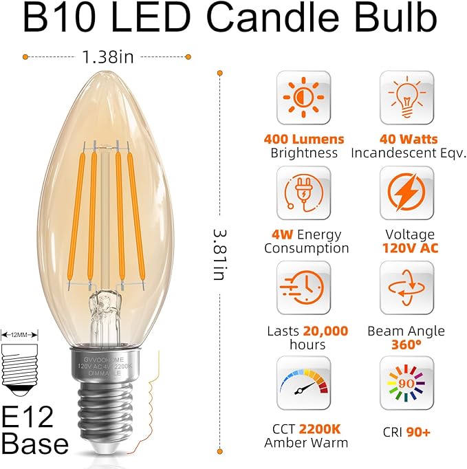 LED Candelabra Light Bulbs, 40 watt Equivalent Chandelier Bulbs, E12 LED Bulb Dimmable, 2200K Amber Warm, B10 Candle Light Bulb, 90+CRI, 400LM, Amber Glass Finish, 6 Pack