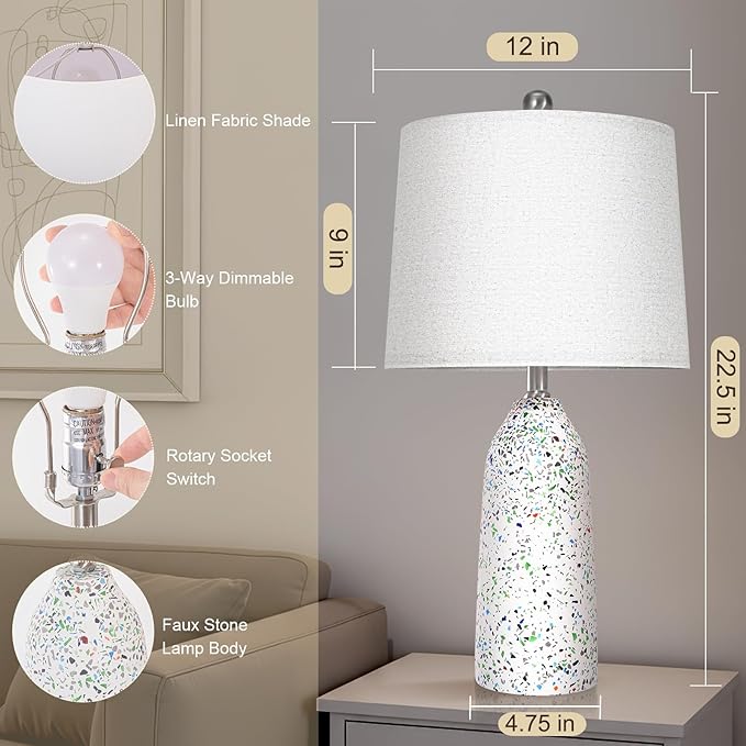 22.5" Faux Stone Table Lamps Set of 2, Farmhouse Lamps for Bedroom with Linen Shade, Rotary Switch Bedside Lamps with 3-Way Dimmable Bulb for Living Room Nightstand Home Decor(Bulb Included)
