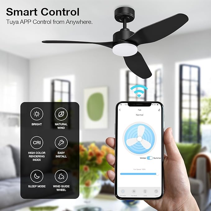 48” Smart Ceiling Fans with LED Lights Remote,Quiet DC Motor,Dimmable,Outdoor Indoor Modern Ceiling Fan Controlled by WIFI Alexa App,3 Black Blades for Bedroom Living Room Patio Porch