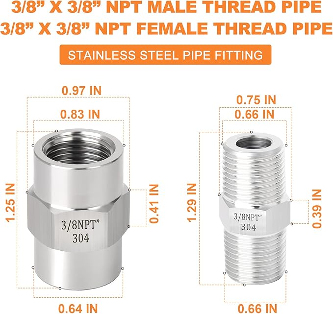 GASHER 4PCS 304 Stainless Steel Pipe Fitting, Hex Nipple Hex Coupling, 3/8" x 3/8" NPT Male Thread Pipe, 3/8Inch x 3/8Inch NPT Female Thread Pipe