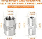 GASHER 4PCS 304 Stainless Steel Pipe Fitting, Hex Nipple Hex Coupling, 3/8" x 3/8" NPT Male Thread Pipe, 3/8Inch x 3/8Inch NPT Female Thread Pipe