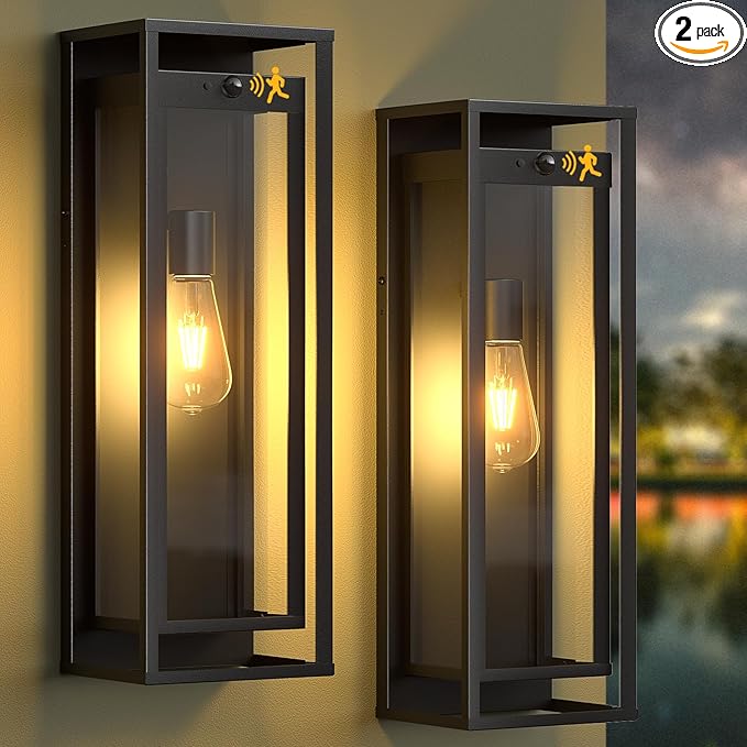 20in Outdoor Wall Light Motion Sensor-Black Modern Sconce Waterproof Exterior Lighting Fixture E26 Socket Porch Lights Extra Large Lantern for Entryway Patio House Garage 2Pack
