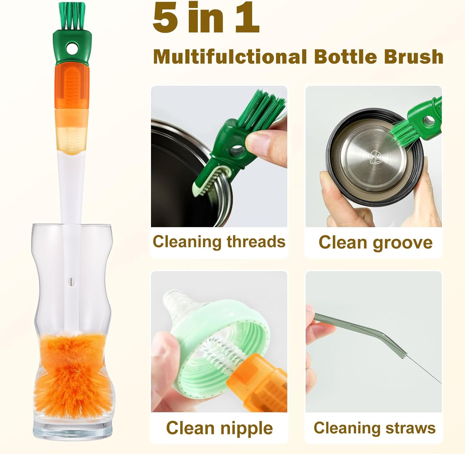 XYFuuee 5 Pack Bottle Brush Set, 5 in 1 Long Handle Water Bottle Cleaning Brush, 3 Straw Brushes for Stanley Yeti Owala, Travel Nipple Detail Cup Cleaner Washer Brush for Wine Lid Gap