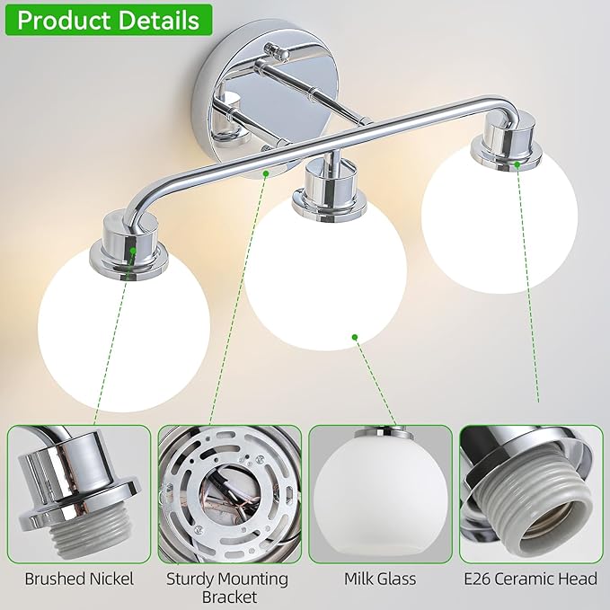 Chrome Vanity Light Bathroom Light Fixtures Over Mirror 3 Light Wall Sconces Lighting Silver Lights with Milk Globe Glass Shades Bath Wall Lamp for Mirror Kitchen Living Room Bedroom Hallway