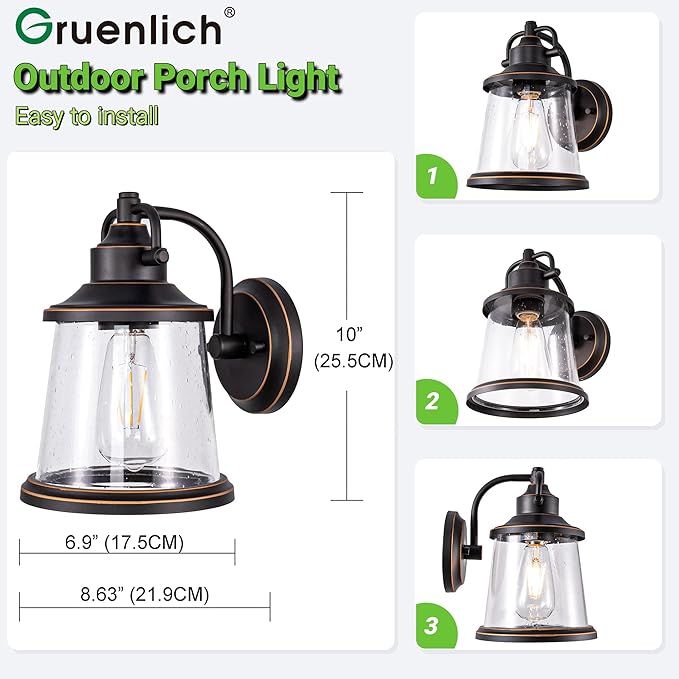 GRUENLICH Outdoor Wall Lantern, Wall Sconce as Porch Lighting Fixture, E26 Medium Base, Metal Housing Plus Seeded Glass, Oil Rubbed Bronze Finish, Bulb Not Included, 1-Pack