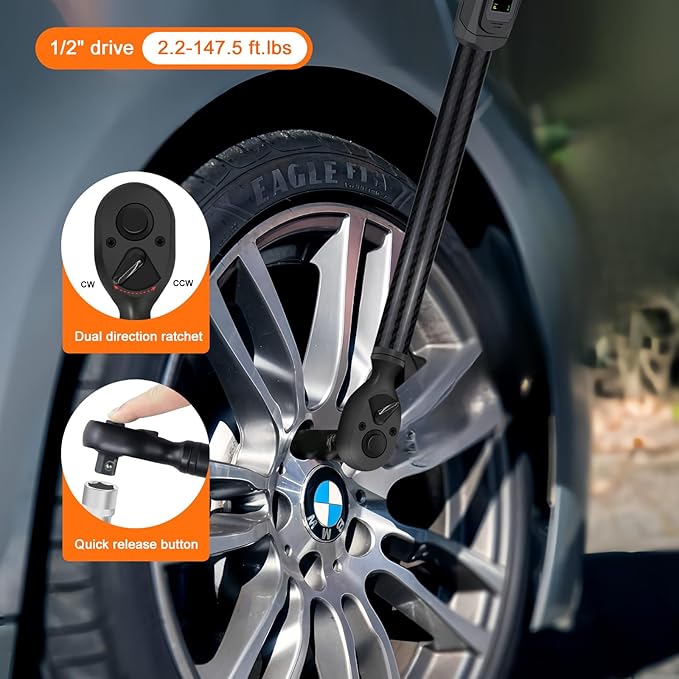Digital Torque Wrench 1/2 Drive with Carbon Fiber Body, 2.2-147.5 Ft.lb Range, ±1% Accuracy with Vibration, Buzzer and LED Alert, Suitable for Car, Motorcycle and Bicycle