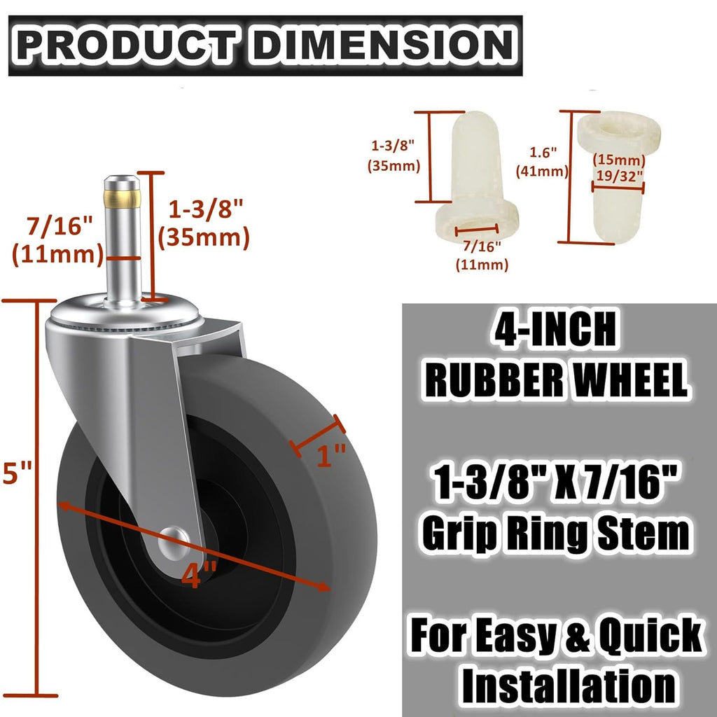 4-Inch Swivel Stem Caster for Rubbermaid Mop Bucket Utility Cart, 7/16-Inch Stem Diameter Rubber Wheel Set of 4, Heavy Duty TPR Weber Grills Shop Vac Replacement Wheels