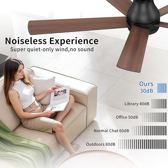 60 Inch Black Ceiling Fans with Lights and Remote, LED Low Profile Flush Mount Ceiling Fan for Bedroom, Living Room, Quiet DC Motor, Dimmable 6 Speeds