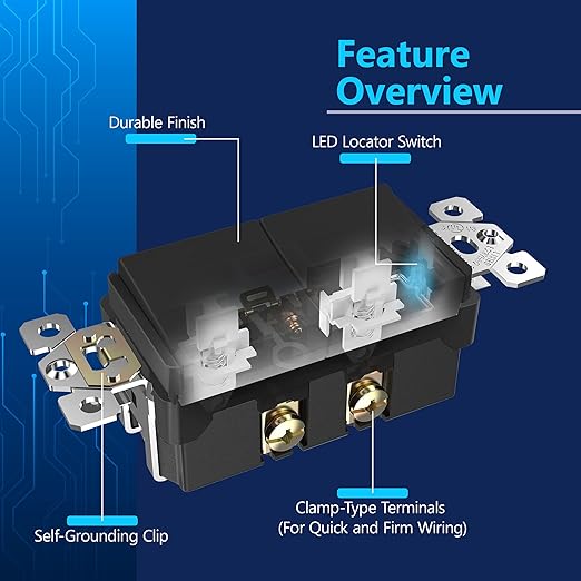 LIDER Matte Finish Lighted Double Switch with Screwless Wall Plate, Combination Frameless Decorator Switch with Locator Light, Ground Terminal Single Pole, 15A 120V, UL Listed, Black, 2 Pack