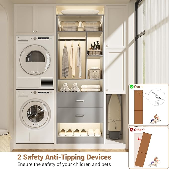 Freestanding 24" Closet System with 2 Wood Drawers, 2FT Small Closet Organizer System with 6 Shelves & Hanging Rod, Walk-in Closet Systems for Small Closets, Grey (24" L x 15" W x 80" H)