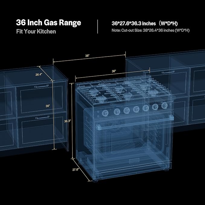 Empava 36 Inch Gas Range with 6.0 Cu. Ft. True Convection, 18,000 BTU Power Searing, 6 Sealed Burners, Convertible NG/LP, Stainless Steel Stove with Oven, CSA Certified