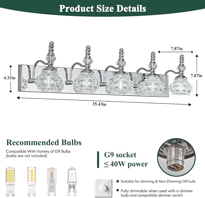 Modern Glass Crystal Vanity Light - Vintage Bathroom Lighting Fixtures Over Mirror, 5 Light Vanity Lights, G9 Bulb (35.43 Inch, Chrome)