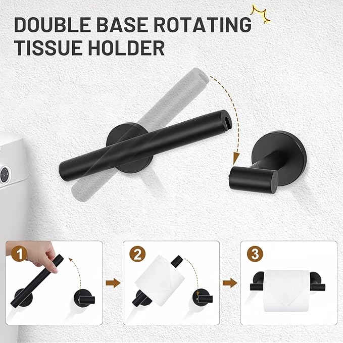 TURS Matte Black 5 Piece Bathroom Hardware Set, SUS304 Stainless Steel Bath Towel Bar Set, 24 Inch Round Bathroom Accessories Kit Wall Mounted