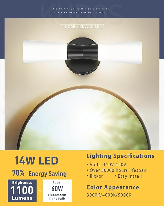 kudos Wall Sconces 16inches Black Vanity Light Fixtures, Modern Sconces Wall Lighting with Milk White Glass, Dimmerable 3000K/4000K/5000K for Bathroom Bedroom, KDVL13-BK