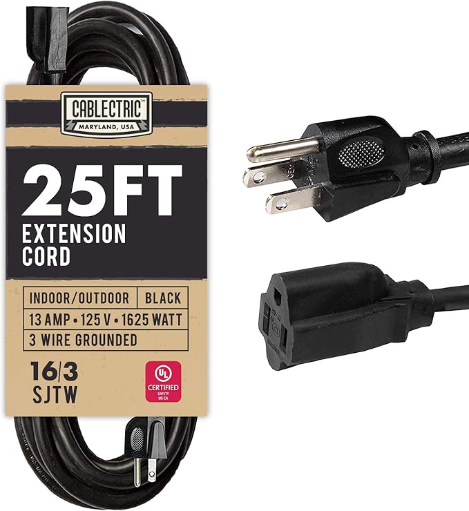 25 Foot Outdoor Extension Cord - 16/3 SJTW Black 16 Gauge Electrical Cable with 3 Prong Grounded Plug