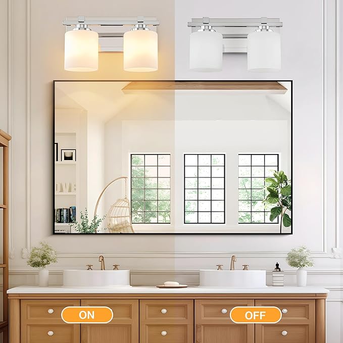 2 Light Modern Bathroom Light Fixtures Over Mirror, Chrome Vanity Lights for Bathroom Wall Sconces with Milky White Glass Shades, E26 Socket (Bulbs Not Included)