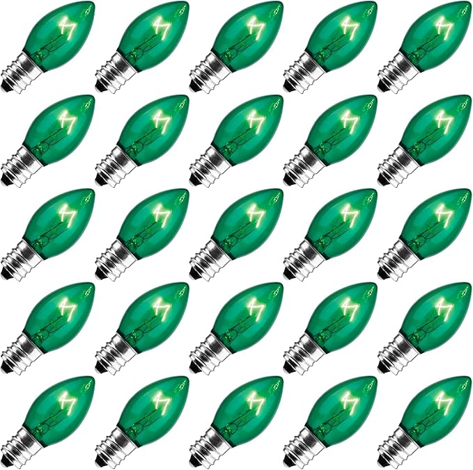 Brightown 25-Pack C7 Christmas Replacement Bulbs, C7 Green Incandescent Bulbs for Christmas Light Strings, E12 Candelabra Base, 5 Watt