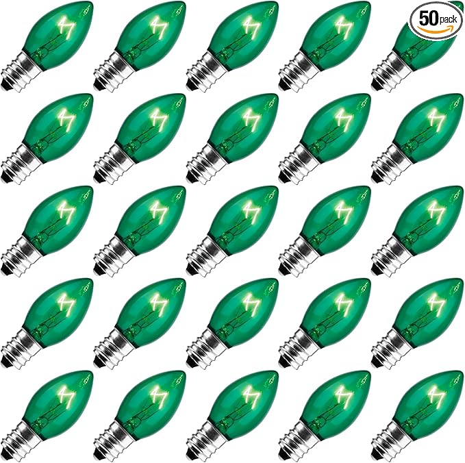 50-Pack C7 Replacement Christmas Light Bulbs, C7/E12 Commercial Grade Vintage Incandescent Light Bulbs for Outdoor Indoor Christmas String Lights, Holiday Parties, Yard Decorations, 5 Watt, Green