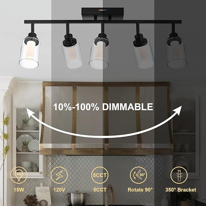 5-Light LED Black Track Light Fixtures Ceiling, 5-Color Temperature Adjustable Directional Spotlight, Bathroom Vanity Lighting with Integrated LED Chips & Clear Glass Shade & Frosted Column