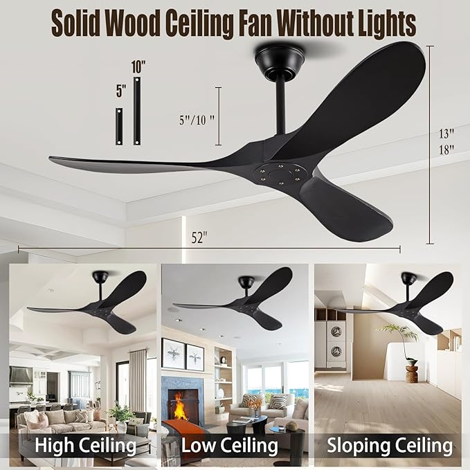 52" Ceiling Fans Without Lights, Solid Wood Ceiling Fan with Remote Control and Quiet DC Motor, Ceiling Fan no Light 3 Blades, Indoor Outdoor Ceiling Fans for Patios, Bedroom- Black