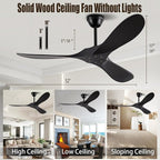 52" Ceiling Fans Without Lights, Solid Wood Ceiling Fan with Remote Control and Quiet DC Motor, Ceiling Fan no Light 3 Blades, Indoor Outdoor Ceiling Fans for Patios, Bedroom- Black