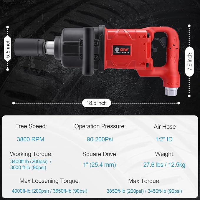 XIIW 1 Inch Air Impact Wrench, Up to 4000 ft-lbs High Reverse Torque, 27.6lbs Lightweight 1'' Pneumatic Impact Gun w/ 2 D Handles 3800RPM for Heavy Duty Repairs