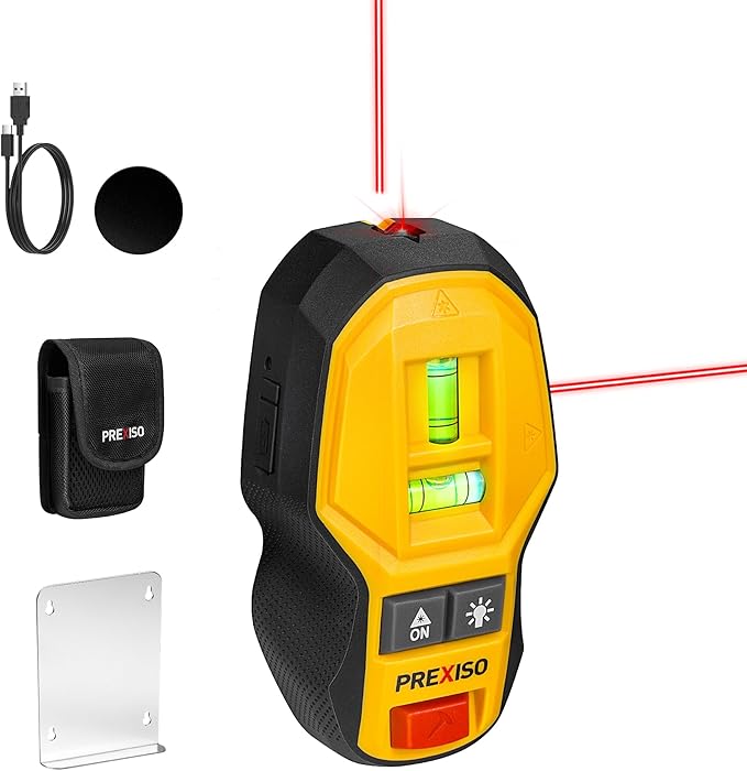 PREXISO 2-in-1 Rechargeable Cross Line Laser Level with Magnetic Stud Finder, Compact Line Lasers with LED Bubble Vials for Accurate Marking, Stud Detector Wall Scanners for Hanging Frames & Pictures