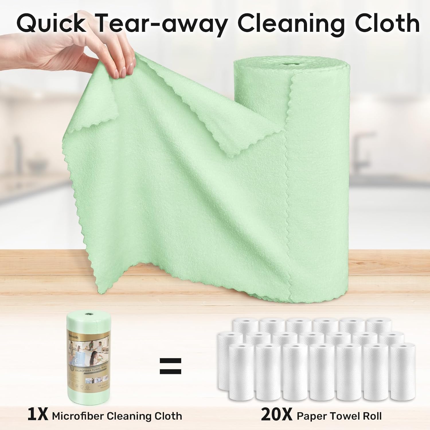 Microfiber Cleaning Cloths Roll, 75 Pack Tear Away Microfiber Towels Roll, 12" x 12" Lint Free Rags, Reusable Cleaning Cloths, Washable, Scratch Free,Ultra Absorbent Dish Rags(Green)