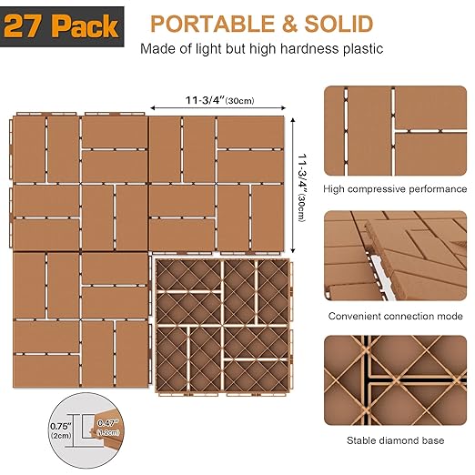 Goovilla Plastic Interlocking Deck Tiles, 27 Pack Outdoor Patio Flooring, 12"x12" Interlocking Decking Tile Outdoor All Weather Use, Waterproof Patio Pavers for Pool Balcony Backyard Porch, Khaki