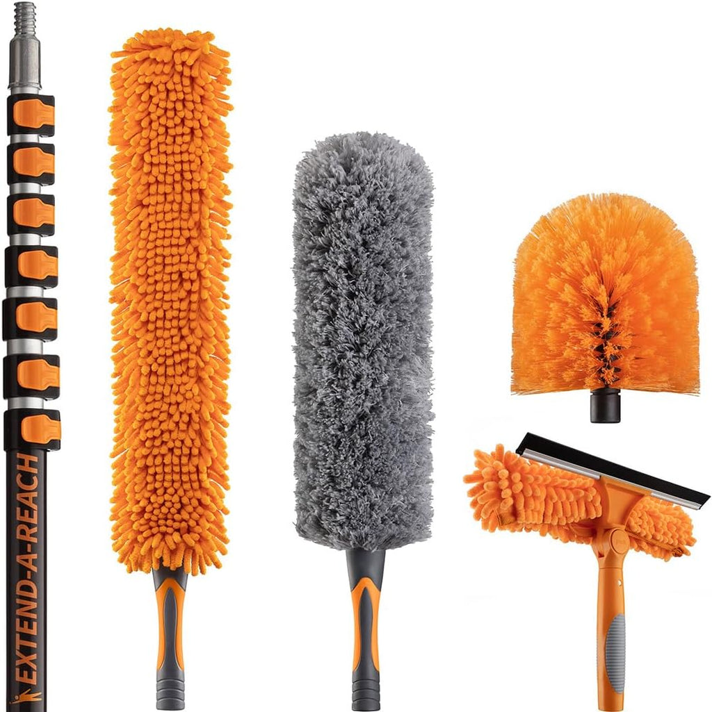 36 Foot High Reach Duster Kit with 5-30 ft Extension Pole // High Ceiling Dusting and Window Cleaning Kit with Telescopic Pole // Window Washer & Squeegee, Cobweb Duster, Fan Blade and Feather Dusters
