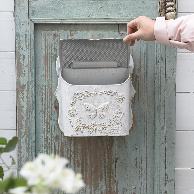 Mailbox Wall Mount Mailboxes for Outside Vintage Mail Boxes for House Outside Metal Drop Box Antique Style Nostalgic Charm Home Decorative, Butterfly Pattern, White