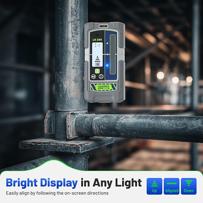 Laser Detector, Huepar Pro LCD & LED Laser Receiver LR300 for Laser Level -Green&Red Beams Outdoor, Compatible with Huepar & Pro Laser Levels with Pulse Mode, Up to 660Ft, IP65, Magnet, Clamp Included