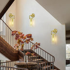 Modern Gold Indoor Wall Sconces Set of 2, 15'' knurled Brass Bathroom Wall Sconces, Glass Bathroom Vanity Light, for Living Room, Bedrooms, Hallway, Staircases, Include Bulb