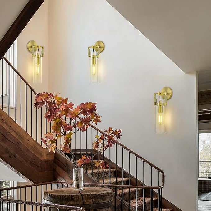 Modern Gold Glass Wall Sconces,15'' Knurled Brass Sconce, Bathroom Wall Sconce, Gold Bathroom Vanity Lights, for Living Room, Bedrooms, Fireplace, Staircases, Include Bulb