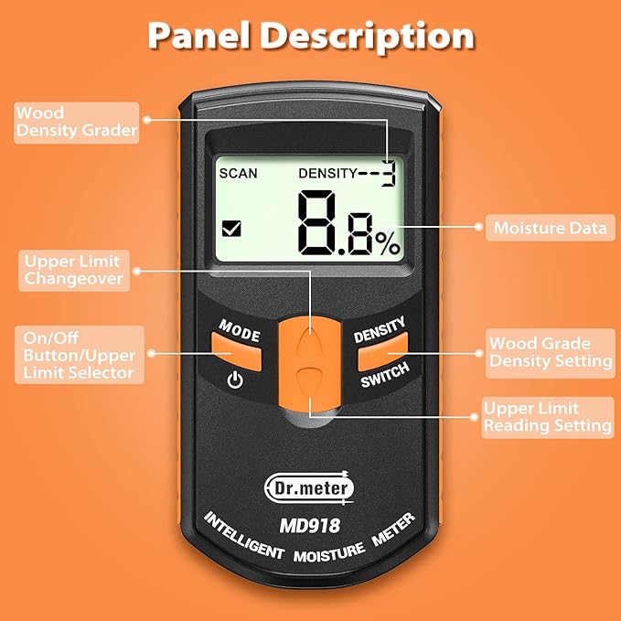 Pinless Wood Moisture Meter, Upgraded Version Inductive Pinless Tools Intelligent Moisture Meter Digital Moisture Meter for Wood (Range 4% - 80% RH; Accuracy: 0.5%), MD918