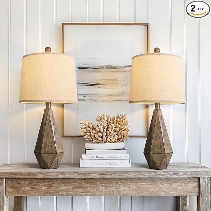 PoKat 23'' Farmhouse Table Lamps Set of 2, Brown Rustic Lamps for Living Room Bedroom Night Stands, Bedside Nightstands Living Room Table Lamps for End Side Table, Dark Wood Grain