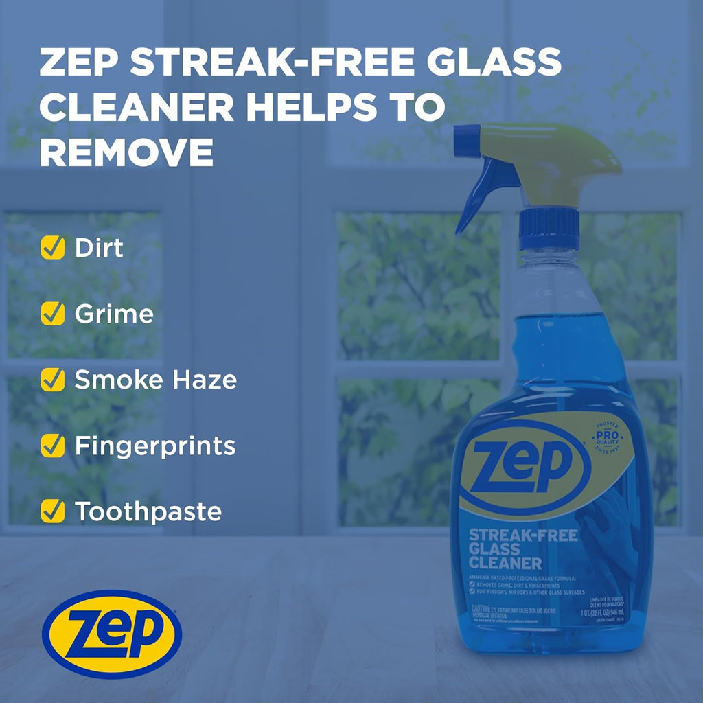Zep Streak-Free Glass Cleaner - 1 Gallon (Case of 4) ZU1120128 - Professional Grade Formula that Cleans Dirt, Fingerprints, Grime, Smoke Haze, and Toothpaste on Windows, Mirrors, and Other Glass
