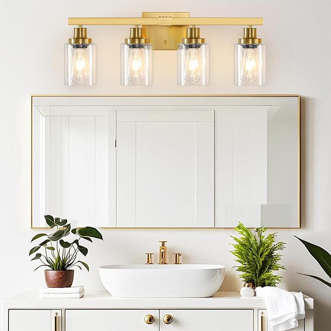 Bathroom Vanity Light, 4-Light Modern Matte Gold Wall Sconce Lighting with Clear Glass Shade, Black Wall Lights,Bath Vintage Wall Mounted Lamps for Mirror Bedroom Living Room