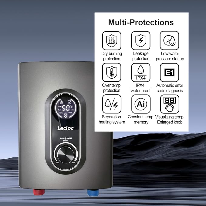 Mini Tankless Under Sink Instant Hot Water Heater Electric 3kW 120V Plug-in, Enlarged LED Digital Display, Knob Control, IPX4, Multiprotective, 30-55℃ Thermostatic On Demand Water Heater, Gray