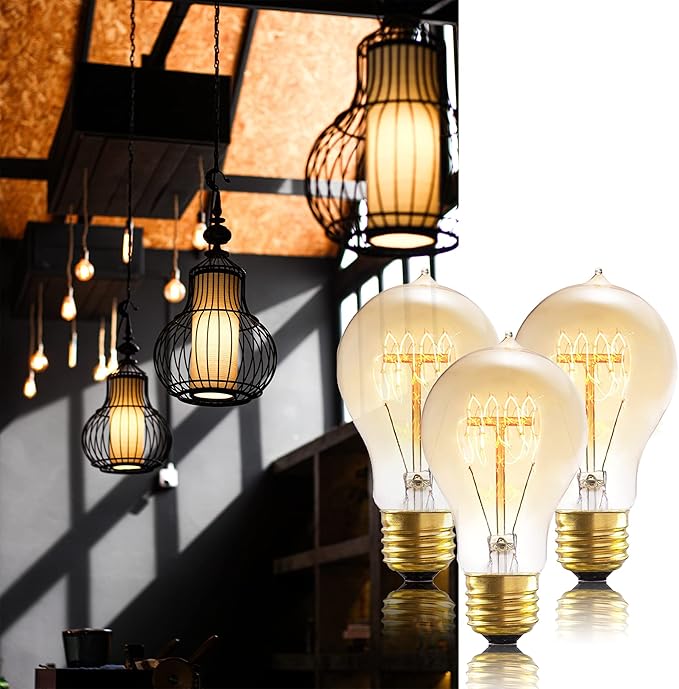 Incandescent Light Bulbs 40W，A19 Vintage Style Edison Light Bulb, 240 Lumen Dimmable 120V E26 Base Amber Glass Retro Bulb Old Fashioned, Squirrel Cage 2200K Warm Yellow Decorative Lamp, 6 Pack