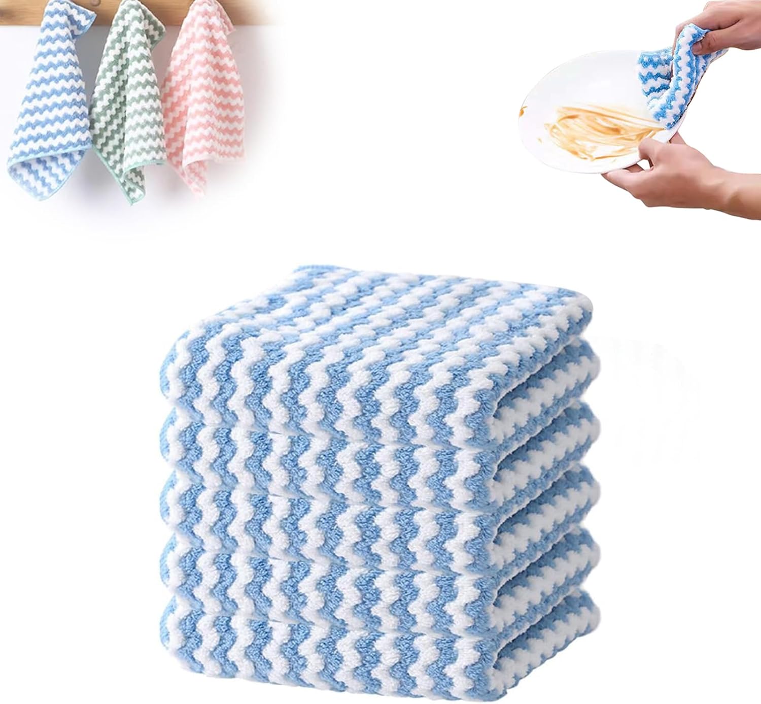 Coral Fleece Striped Rag Cleaning Dish Cloth, Reusable and Washable Microfiber Cleaning Rag, Absorbent Streak Free Lint Free Rags, Kitchen Clean Towels for Scrubs Dishes, Sinks Cleans (Blue, 5PCS)