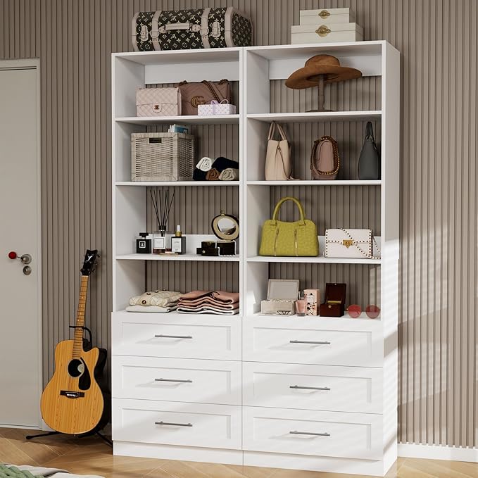 Closet System with Drawers, Wood Closet Organizer System with Adjustable Shelves and Extra Hanging Rod, 81"Tall Closet System for Small Closets, Modular Walk-in Closet System, White (4FT)