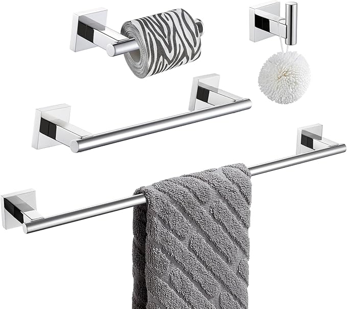 Suyar Bathroom Accessories Set Polished Chrome, SUS 304 Stainless Steel Bathroom Hardware Set 4 Pieces, Include Robe Hook, Toilet Paper Holder, Hand Towel Holder, Towel Bar, Wall Mounted