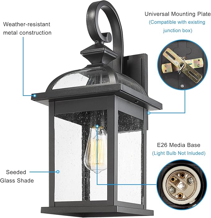 Darkaway Outdoor Lights Fixtures Wall Mount, Large 22inch Outdoor Wall Sconce Lights with Seeded Glass Waterproof Outside Exterior Lights Fixture for House Front Porch Patio （Large, Black）