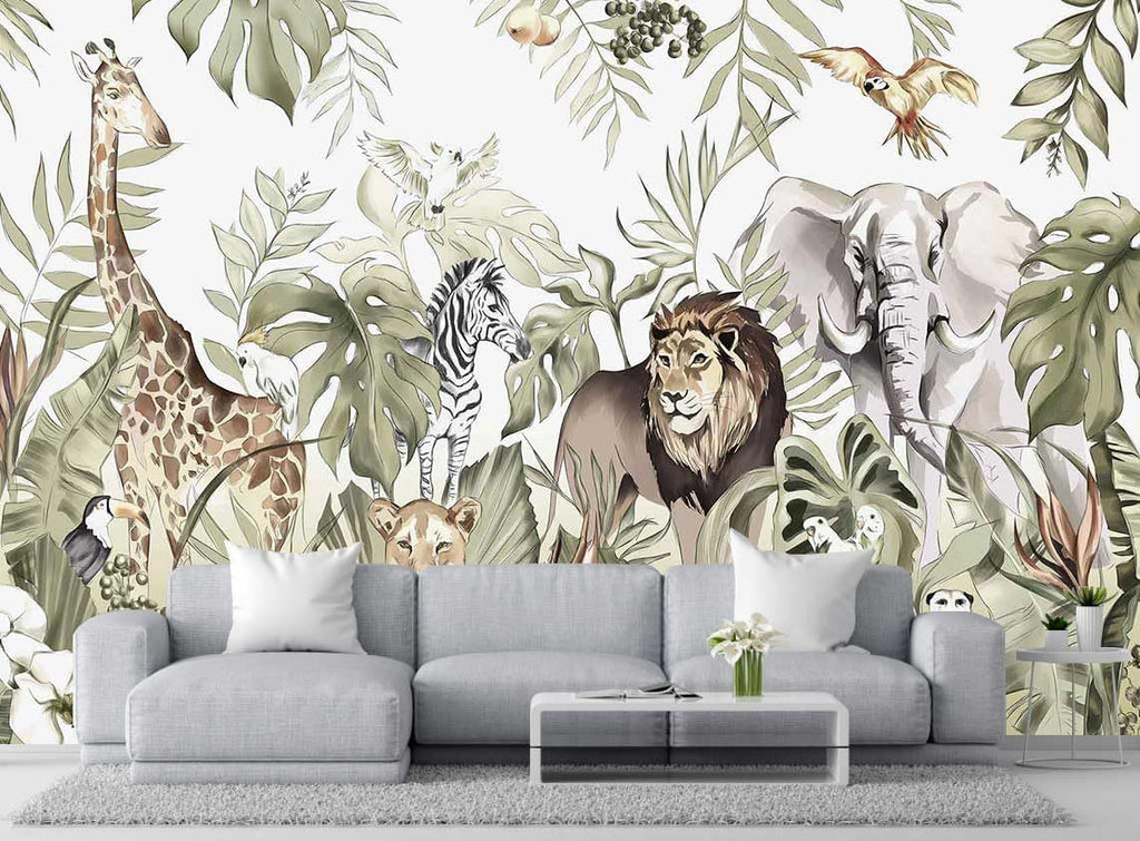 Hand-Painted Beautiful Wall Mural Pattern of Tropical Plants and Various Animals, Large Art Wall Background Wallpaper(Non-self-Adhesive)