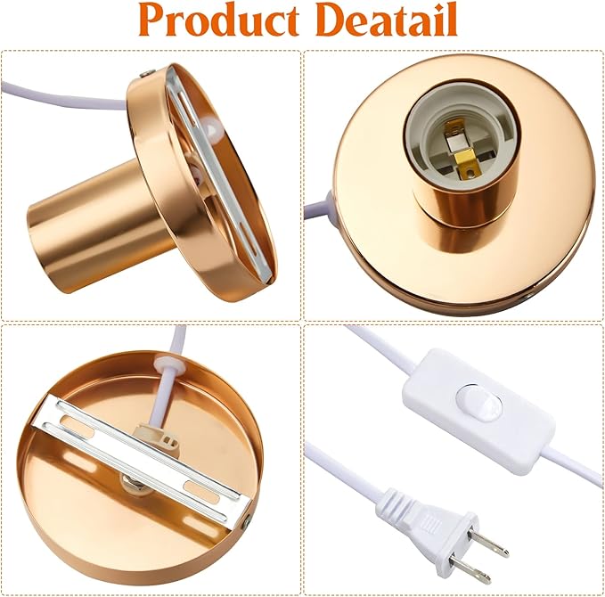 Tuanse 2 Pcs Polished Metal Desktop Lamp Base E26 E27 Screw Light Bulb Holder Sockets Night Light Base Lamp Replacement for Holding Bulb 6 Feet Cord on Off Switch Plug(Gold)