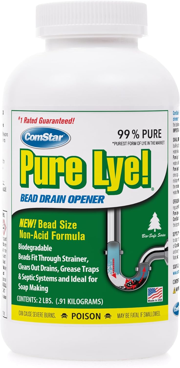 ComStar Pure Lye | 99% Pure Sodium Hydroxide Beads | Eco-Friendly, Industrial Strength, Biodegradable Drain Opener | Safe on Fixtures | Static-Free, Unique Beads for Soap Making | 2 lb. (30-504)