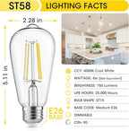 Vintage LED Edison Bulbs, 6W, Equivalent 60W, High Brightness Cool White 4000K, ST58 Antique LED Filament Bulbs with 90+ CRI, E26 Medium Base, Dimmable, Clear Glass, Pack of 6