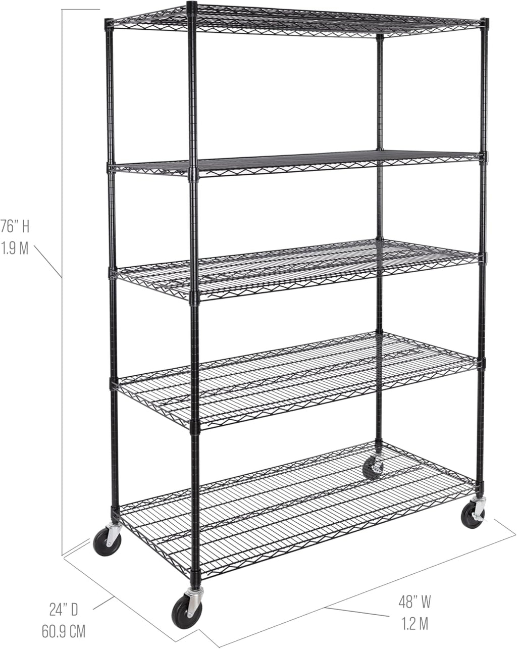 Seville Classics UltraDurable Heavy Duty NSF Solid Steel Wire Rack Storage Unit, Organizer for Garage, Warehouse, Office, Restaurant, Classroom, Kitchen, Black, 5-Tier Shelving, 48" W x 24" D