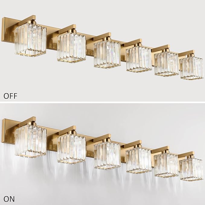 Aipsun Bathroom Vanity Light Brass Crystal Vanity Lighting Fixtures 6 Light Modern Bathroom Lighting Fixtures (Exclude Bulb)